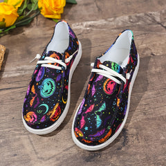 Women's Halloween Bat & Pumpkin Print Shoes Lace Up Canvas Low Top Sneakers