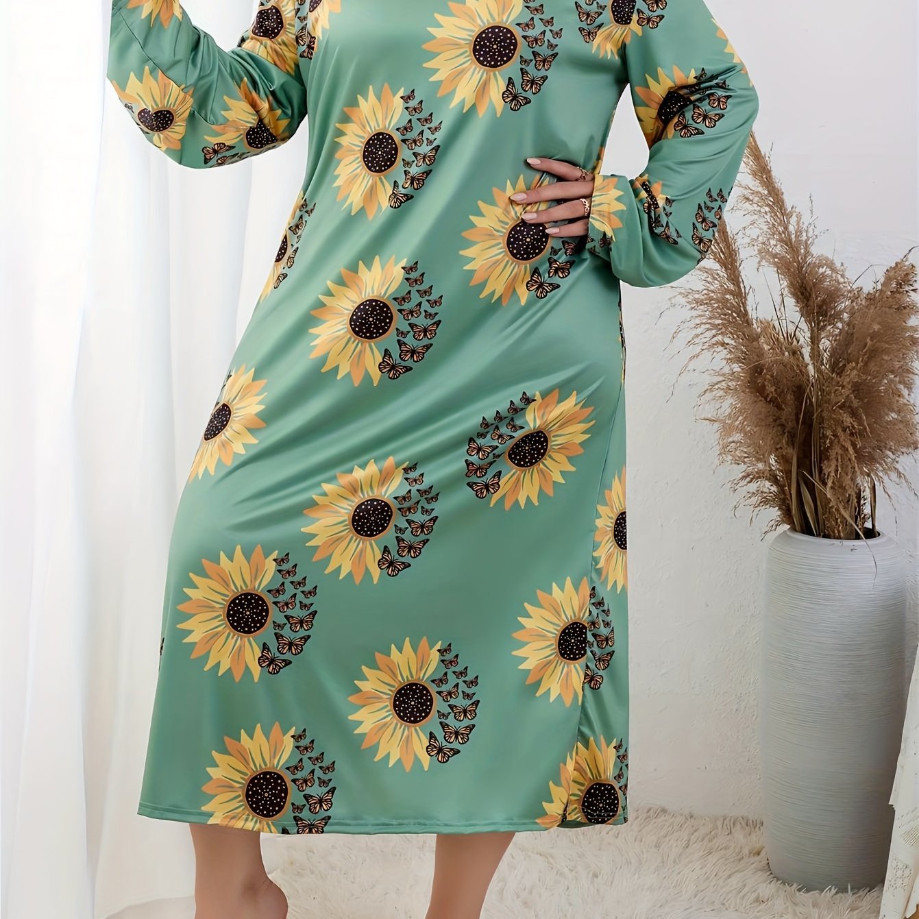  Sunflower & Butterfly Print Long Sleeve T-shirt Dress