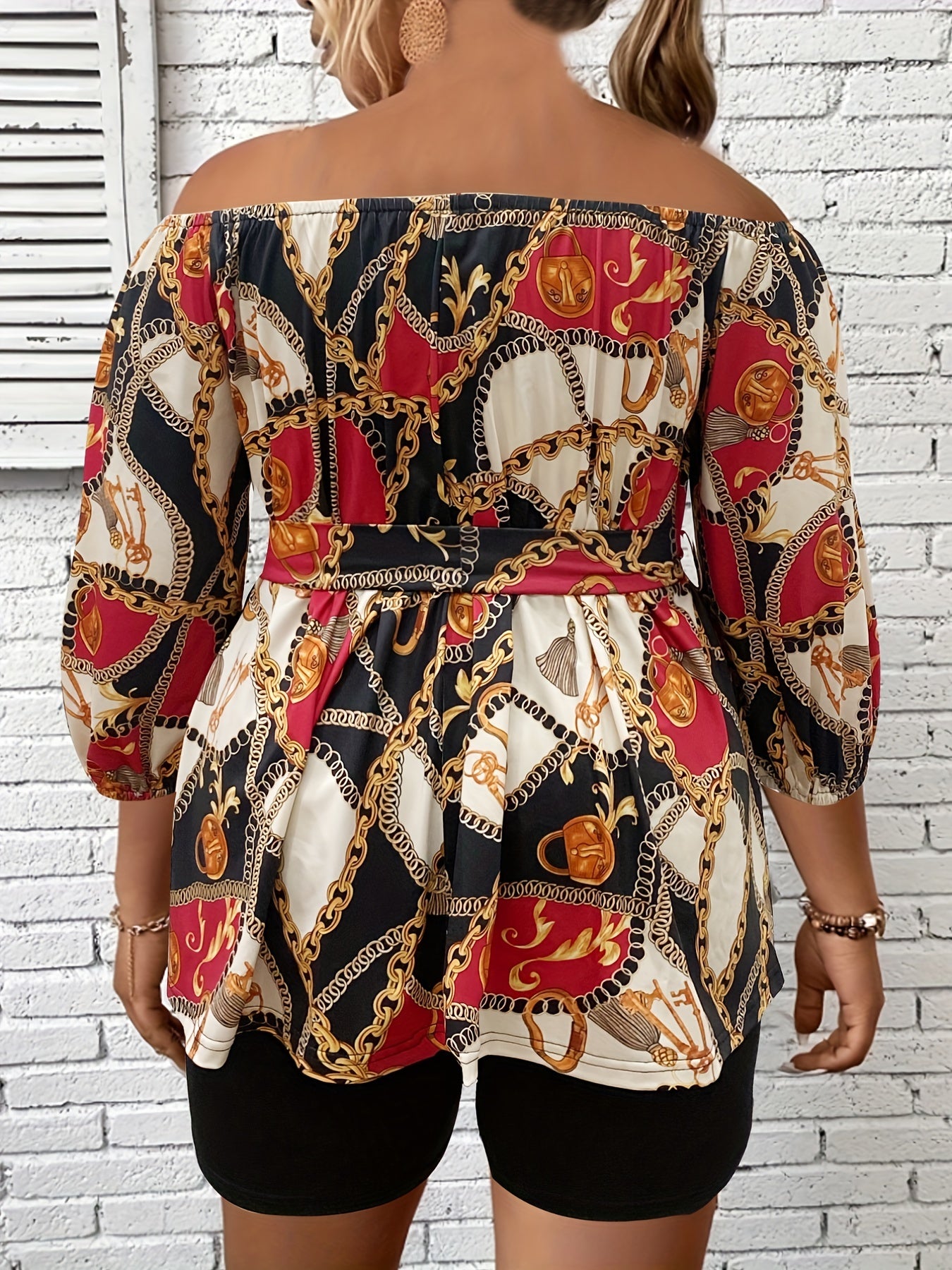  Baroque Print 2 Piece Set Off Shoulder Top & Biker Shorts