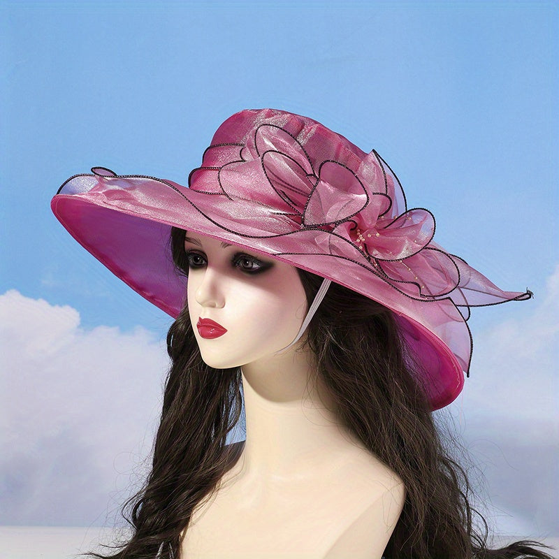 Wide Brim Organza Sun Hat Mesh Flower Summer Travel Beach Hats