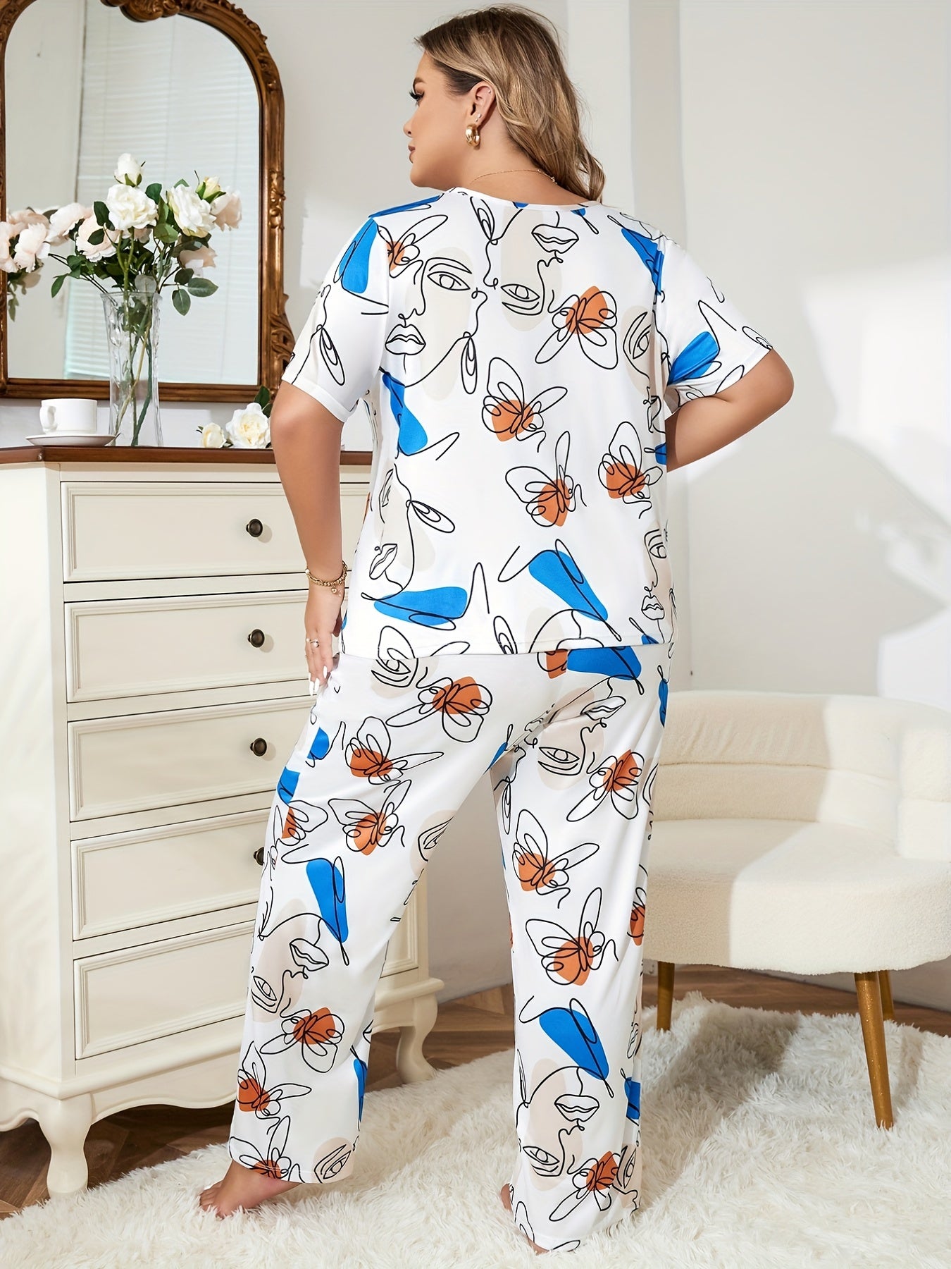  Abstract Figure & Butterfly Print Loungewear Set