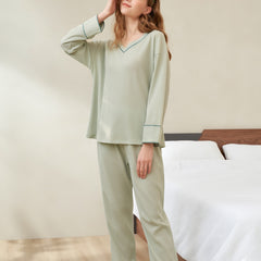 Solid Pajama Set Long Sleeve V Neck Top & Elastic Waistband Pants