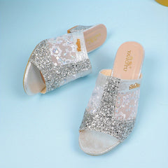 Women's Glitter Sequins Chunky Heels Slip On Mid Heels Women's Outdoor Pumps