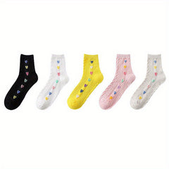 5 Pairs Heart Print Socks Comfy & Breathable Women's Mid Tube Socks