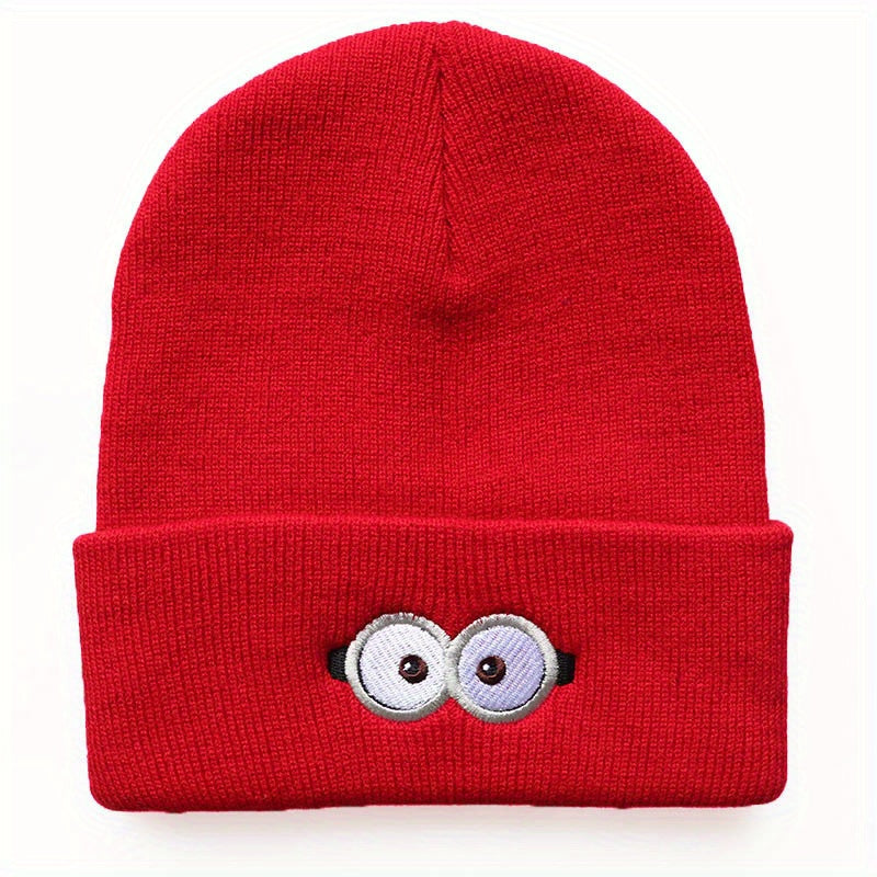Cartoon Eye Embroidery Beanie Solid Anime Knitted Hat Unisex Lightweight Warm