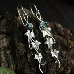 Men's Silver Leaf Dangle Earrings with Colorful Gemstones