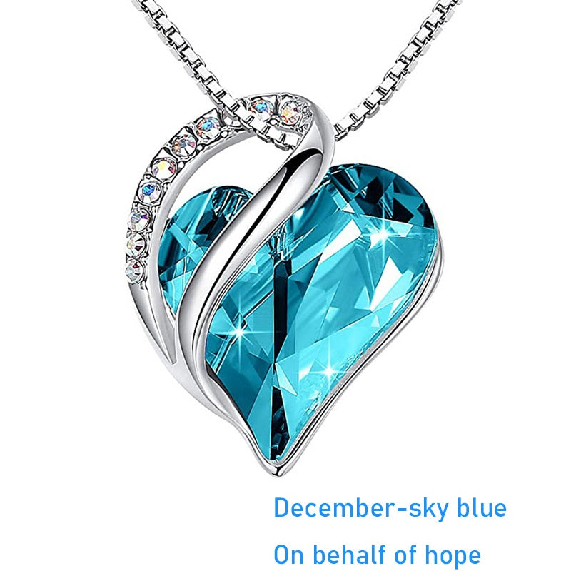 12 Months Birthstone Love Heart Pendant Necklace Jewelry Gift For Women