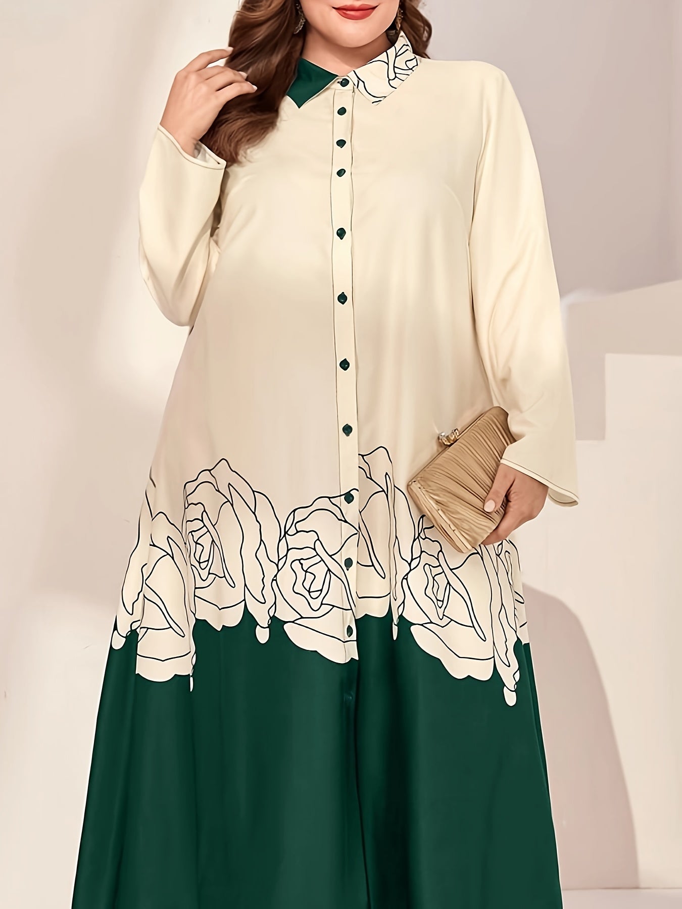  Abaya Dress Women's Plus Colorblock Floral Print Long Sleeve