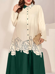  Abaya Dress Women's Plus Colorblock Floral Print Long Sleeve