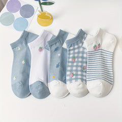 5 Pairs Girls Kids Cartoon Flower Socks Thin Breathable Low Cut Ankle Socks