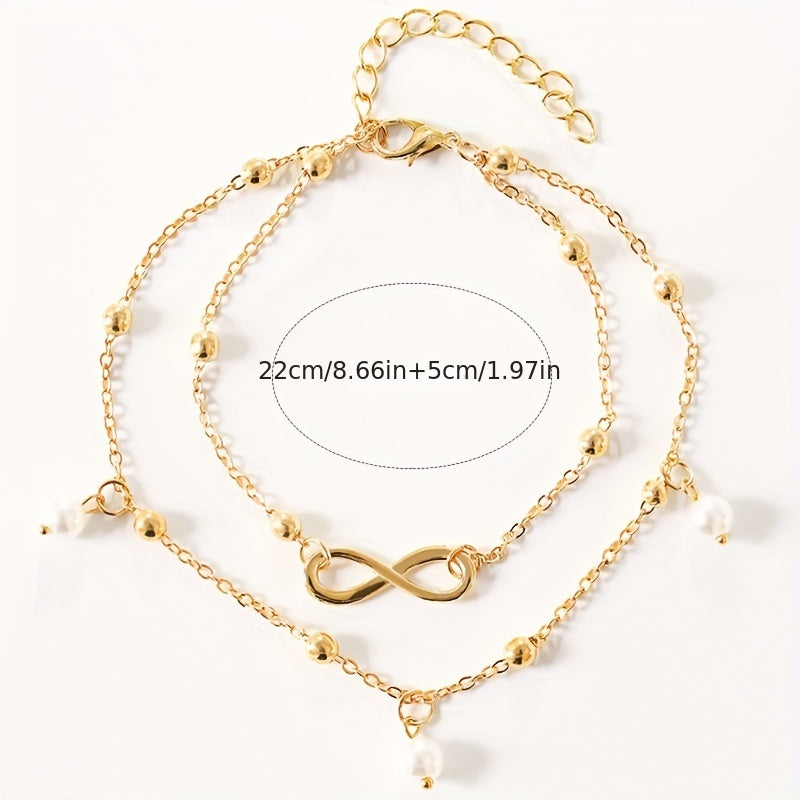 Double Layer Chain Anklet with Pearls Pendant & Infinity Symbol Beads