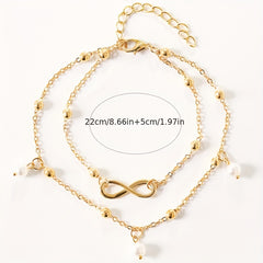 Double Layer Chain Anklet with Pearls Pendant & Infinity Symbol Beads