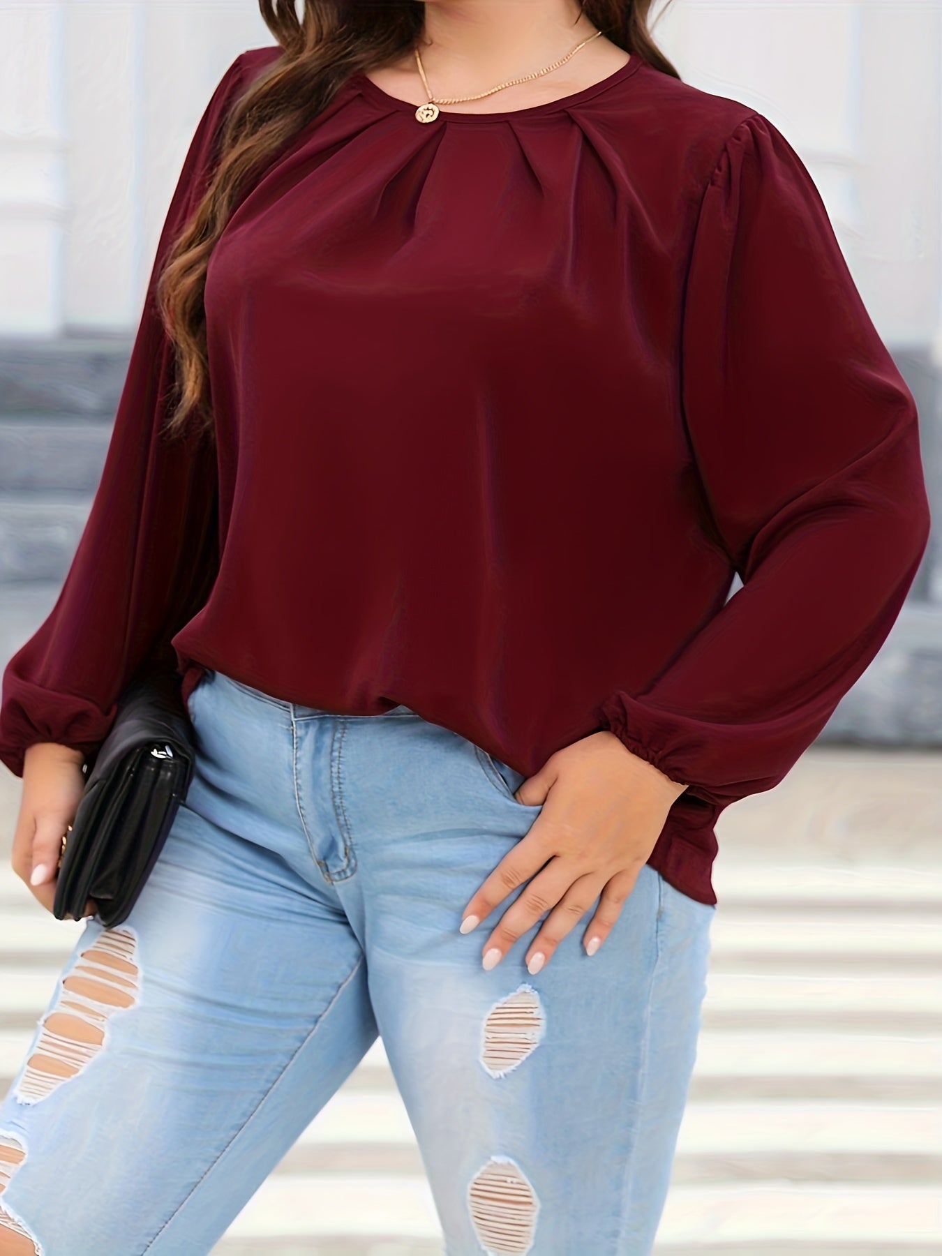  Lantern Sleeve Round Neck Top