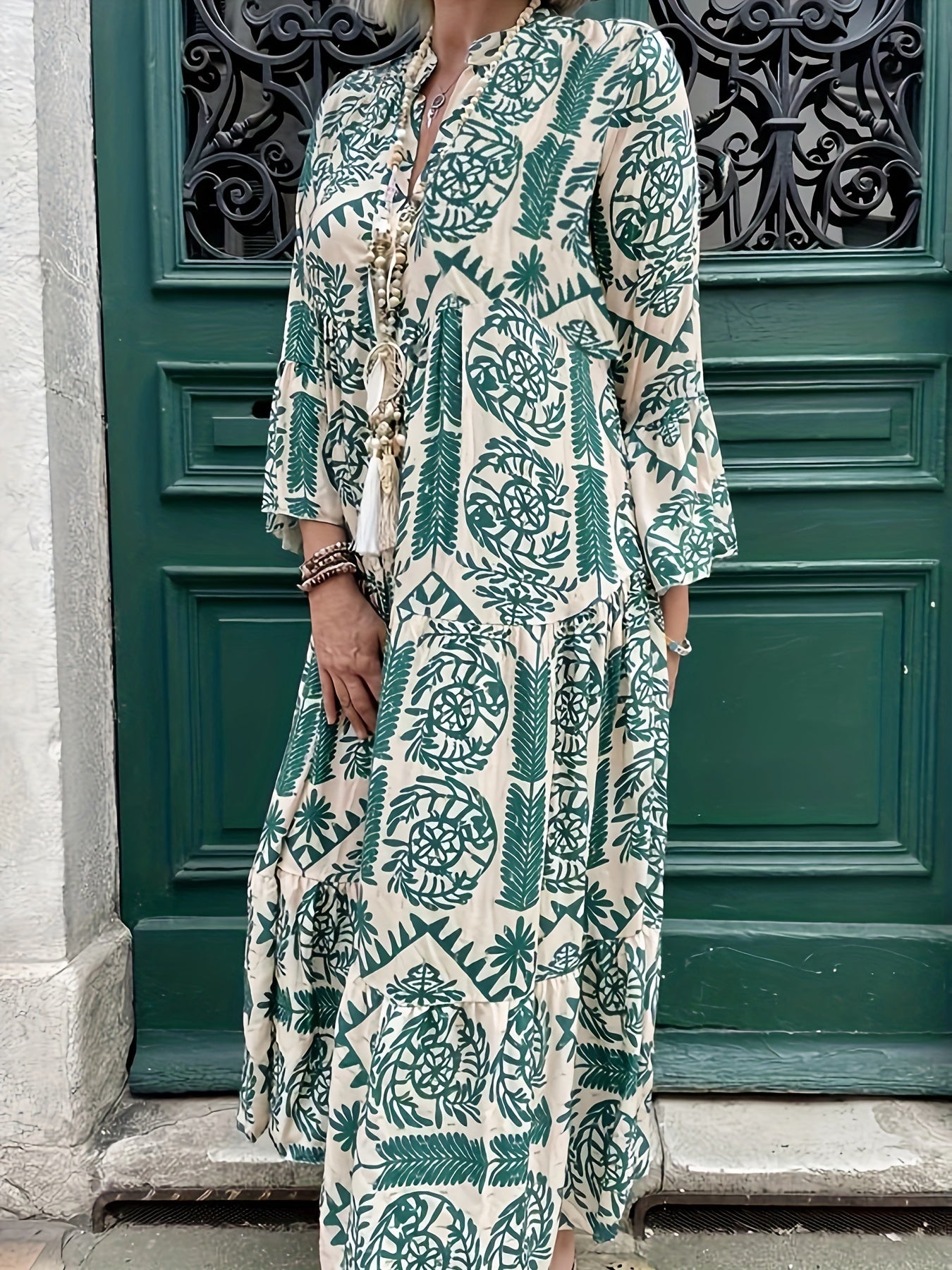  Geometric Print Bell Sleeve Maxi Dress