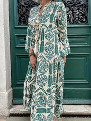  Geometric Print Bell Sleeve Maxi Dress