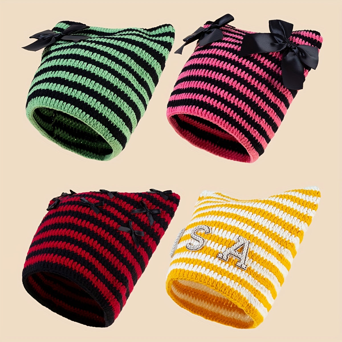 Y2K Striped Cat Ear Beanie Bow Knit Hat Hip Hop Elastic Skull Cap