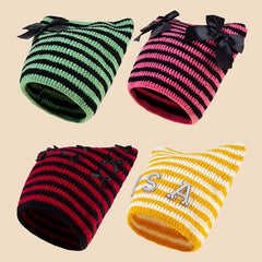 Y2K Striped Cat Ear Beanie Bow Knit Hat Hip Hop Elastic Skull Cap