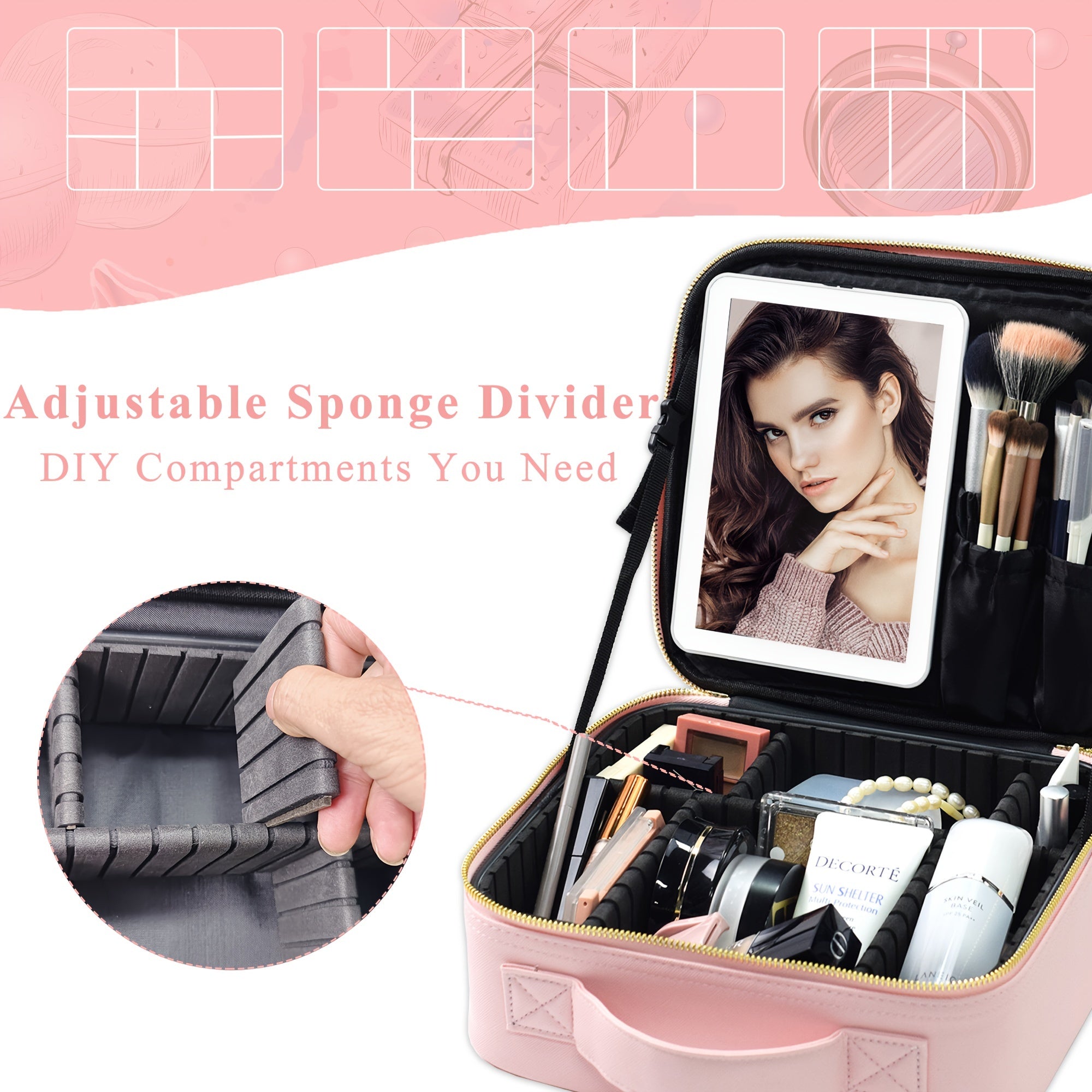 LED Makeup Bag with Large Lighted Mirror and Organizer