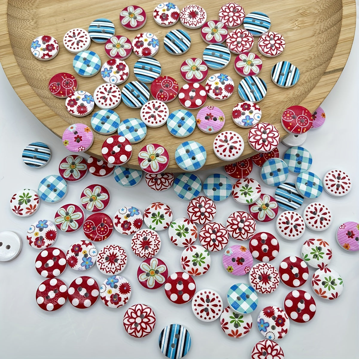 Bohemian Y2K Flower Wooden Buckle Mixed Round Print Wood Button