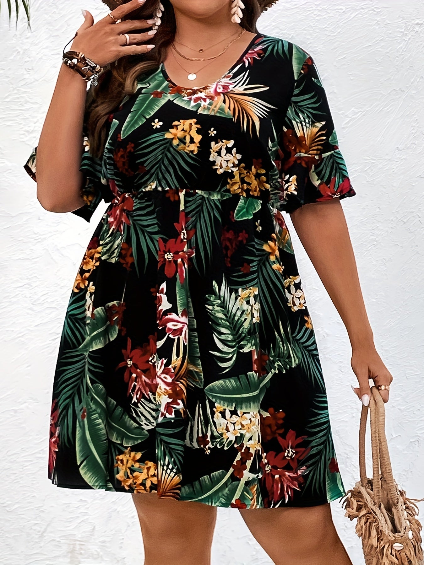  Tropical Print Bell Sleeve Dress