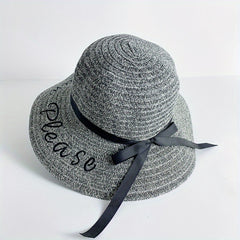 Sun Embroidery Straw Hat Ribbon Bowknot Drawstring Adjustable