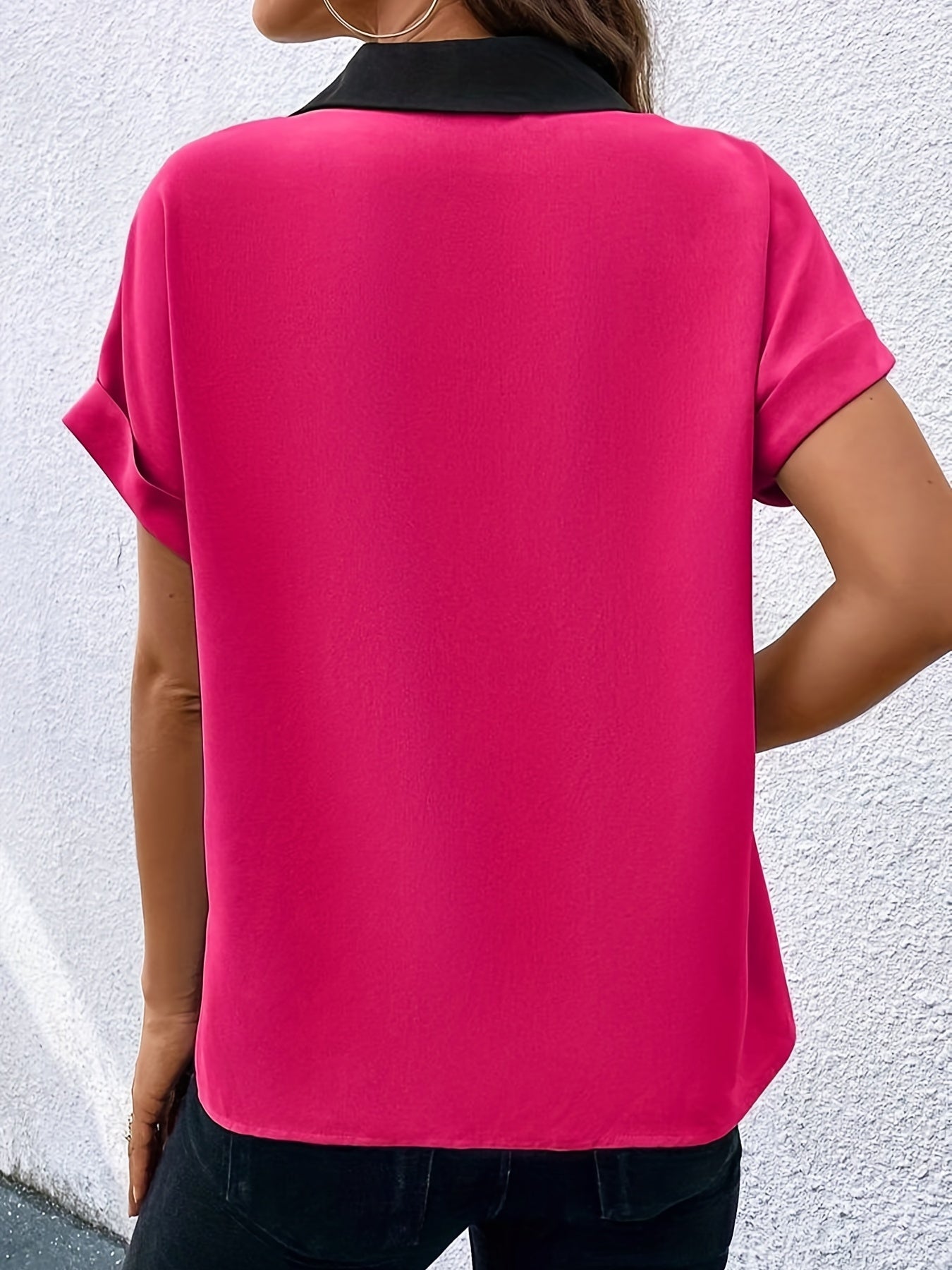  Colorblock Drop Shoulder Roll Up Batwing Sleeve V Neck Shirt Top