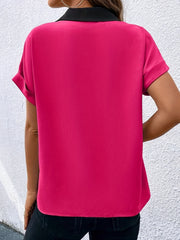  Colorblock Drop Shoulder Roll Up Batwing Sleeve V Neck Shirt Top