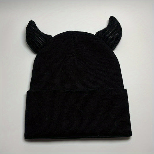 Y2K Solid Knitted Hat Halloween Hat Cow Horn Knitted Hat Unisex