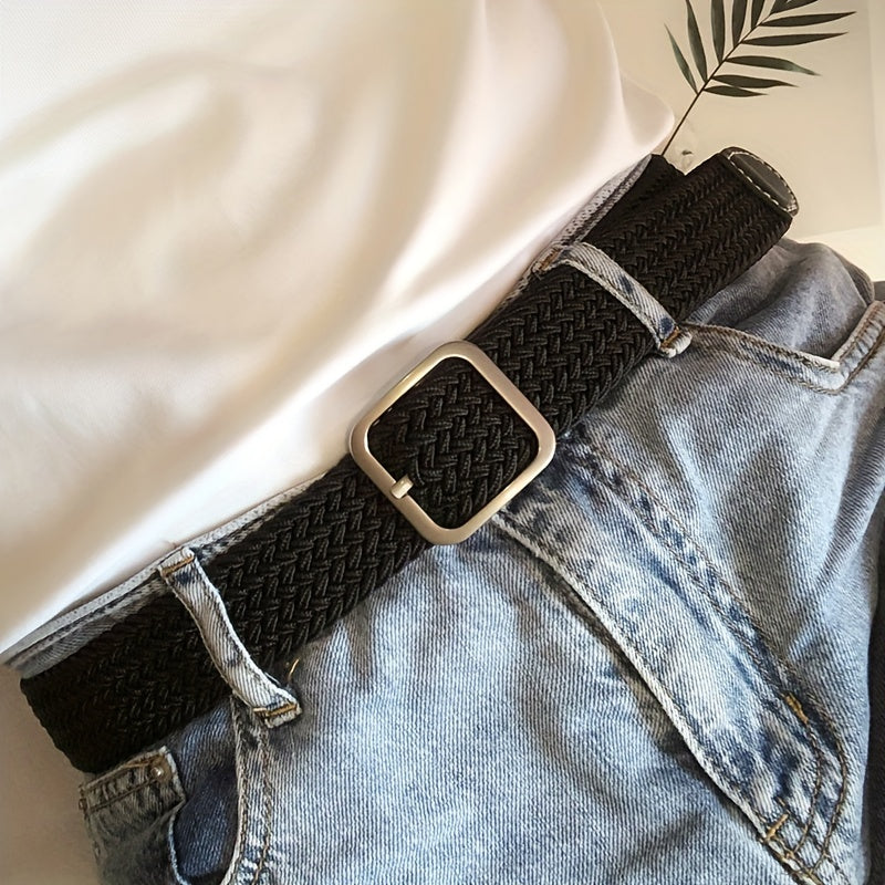 Elastic Woven Canvas Belt Men Women Casual Square Buckle