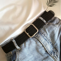 Elastic Woven Canvas Belt Men Women Casual Square Buckle