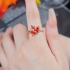 Adjustable Ring Necklace And Earrings Set Red Leaf Artificial Diamond
