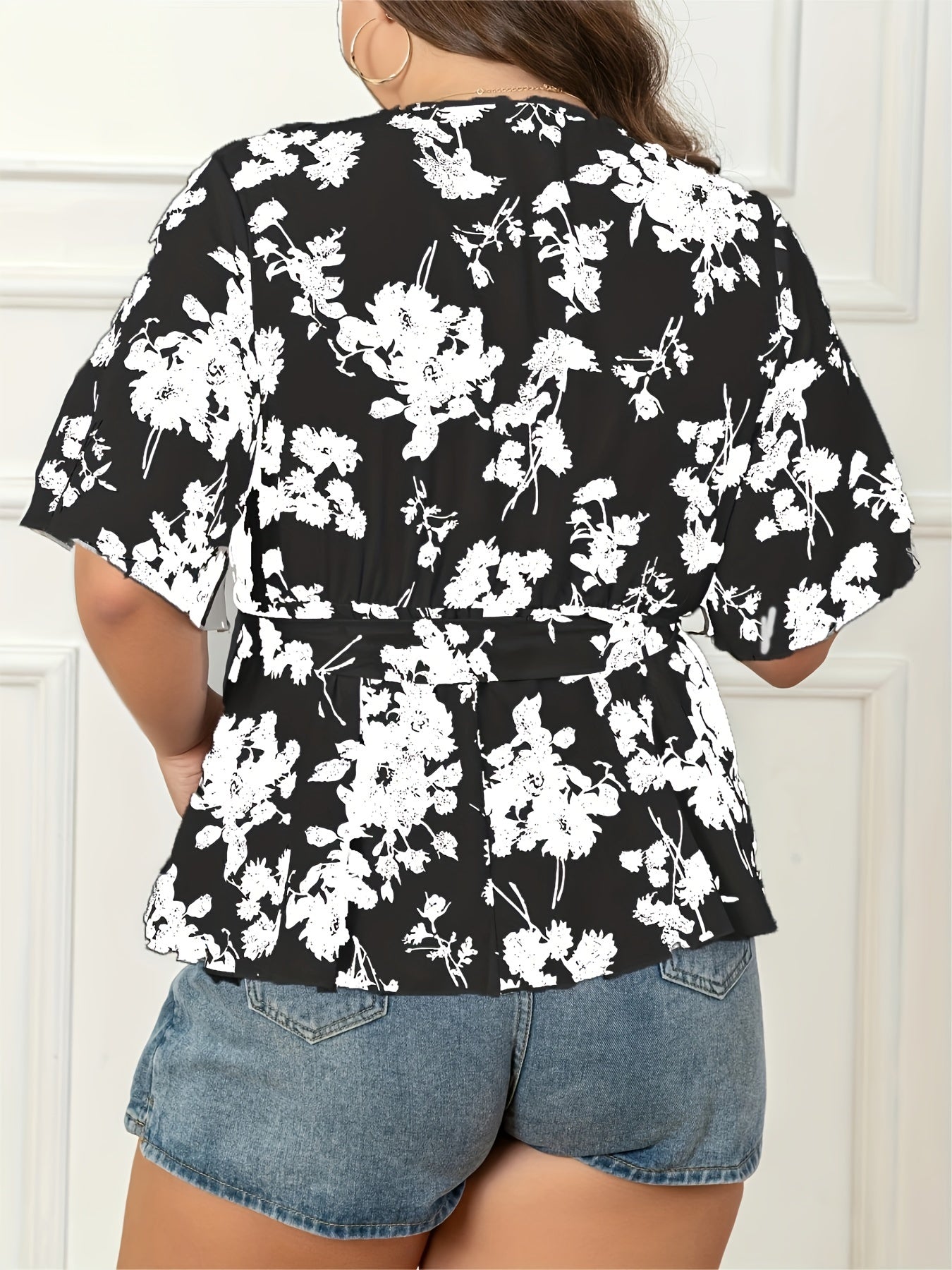 Floral Flutter Sleeve Peplum Blouse With Belt