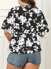 Floral Flutter Sleeve Peplum Blouse With Belt