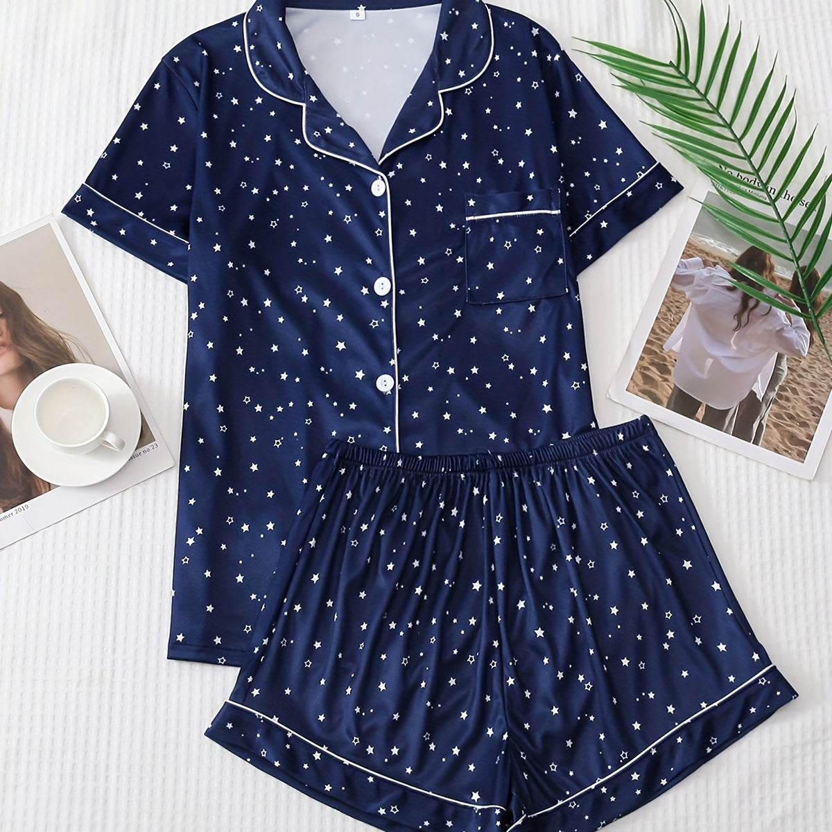Star Print Pajama Set Short Sleeve Lapel Top & Elastic Waistband Shorts