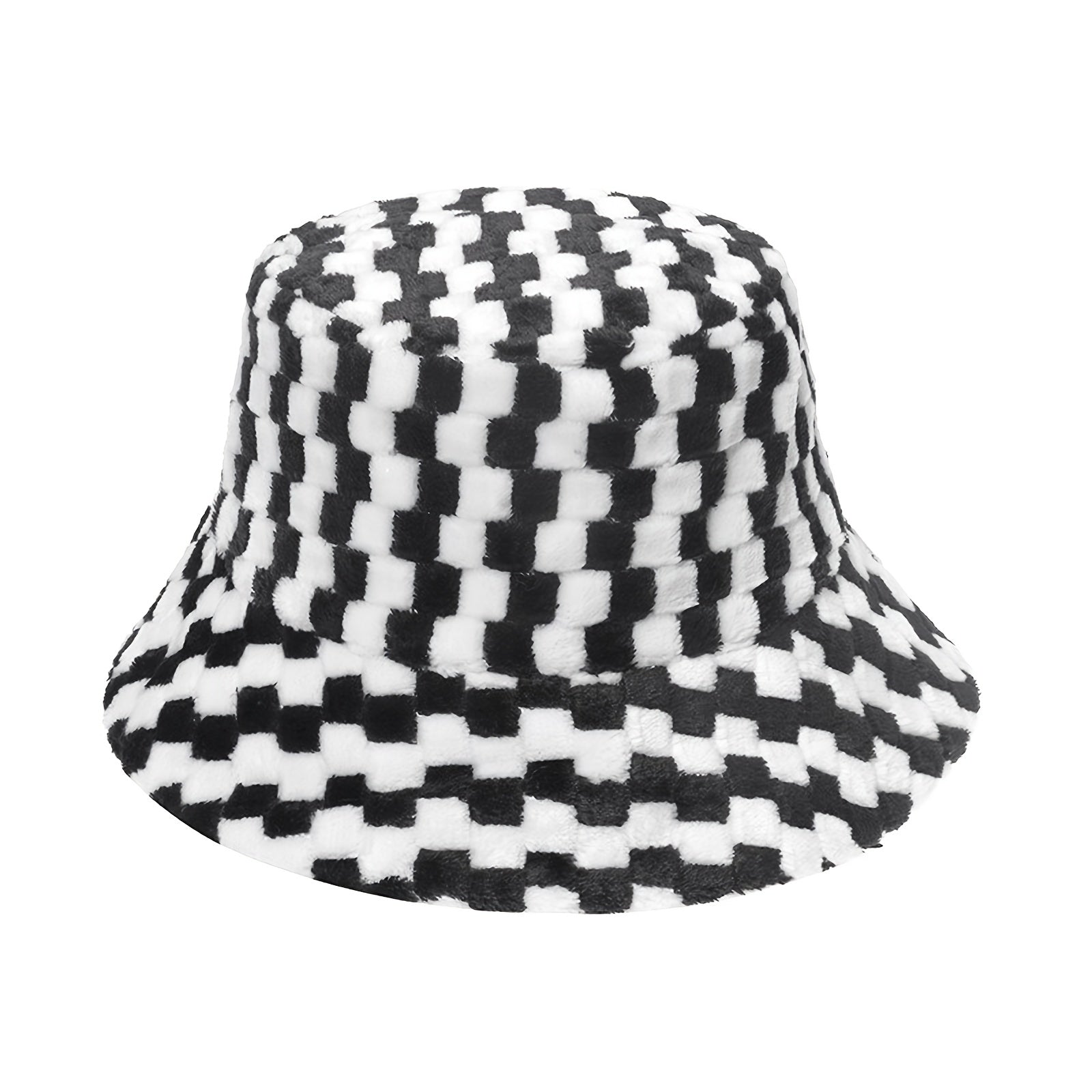 Women's Plaid Faux Fur Bucket Hat Warm Fisherman Hat for Cold Weather