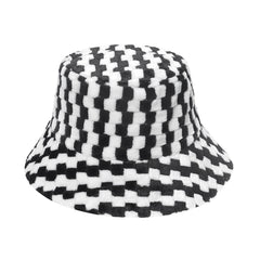 Women's Plaid Faux Fur Bucket Hat Warm Fisherman Hat for Cold Weather