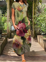  Floral Print Short Sleeve Maxi Dress With Pockets