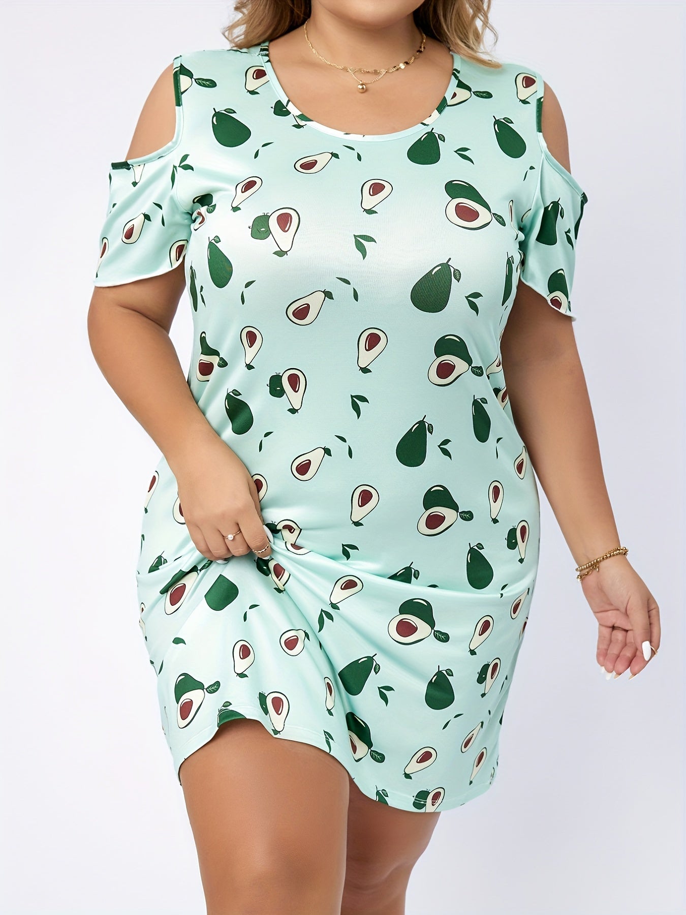  Avocado Cold Shoulder Nightdress Round Neck Sleep Dress