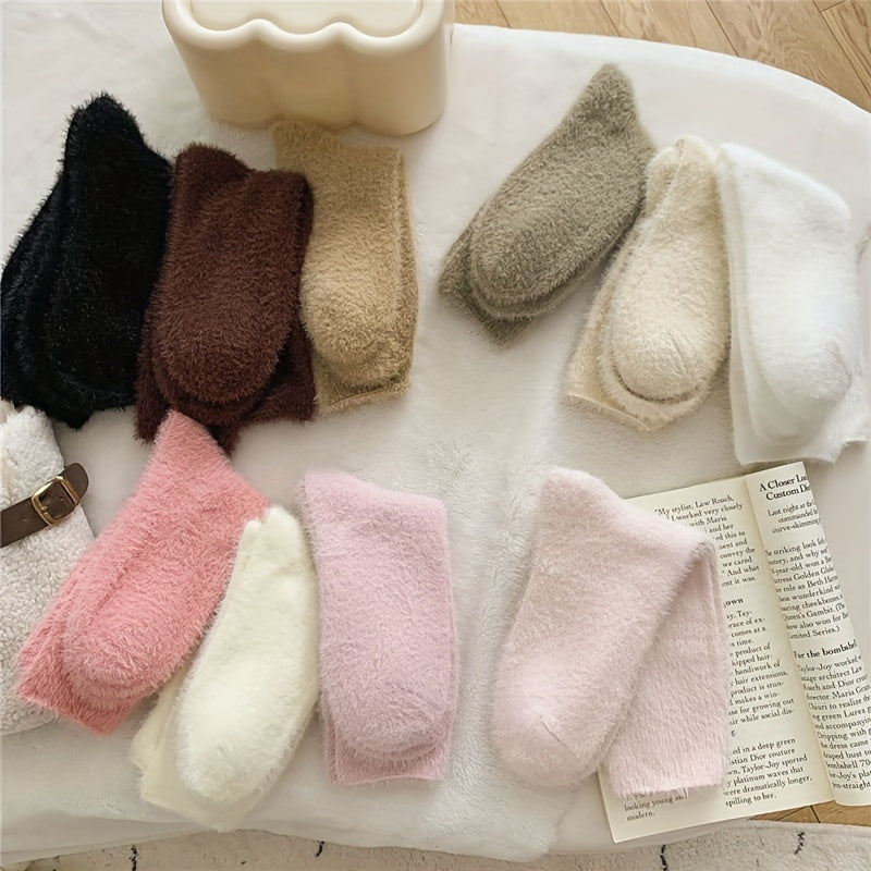 10 Pairs Warm Fuzzy Women's Socks Solid Comfy Stockings Hosiery