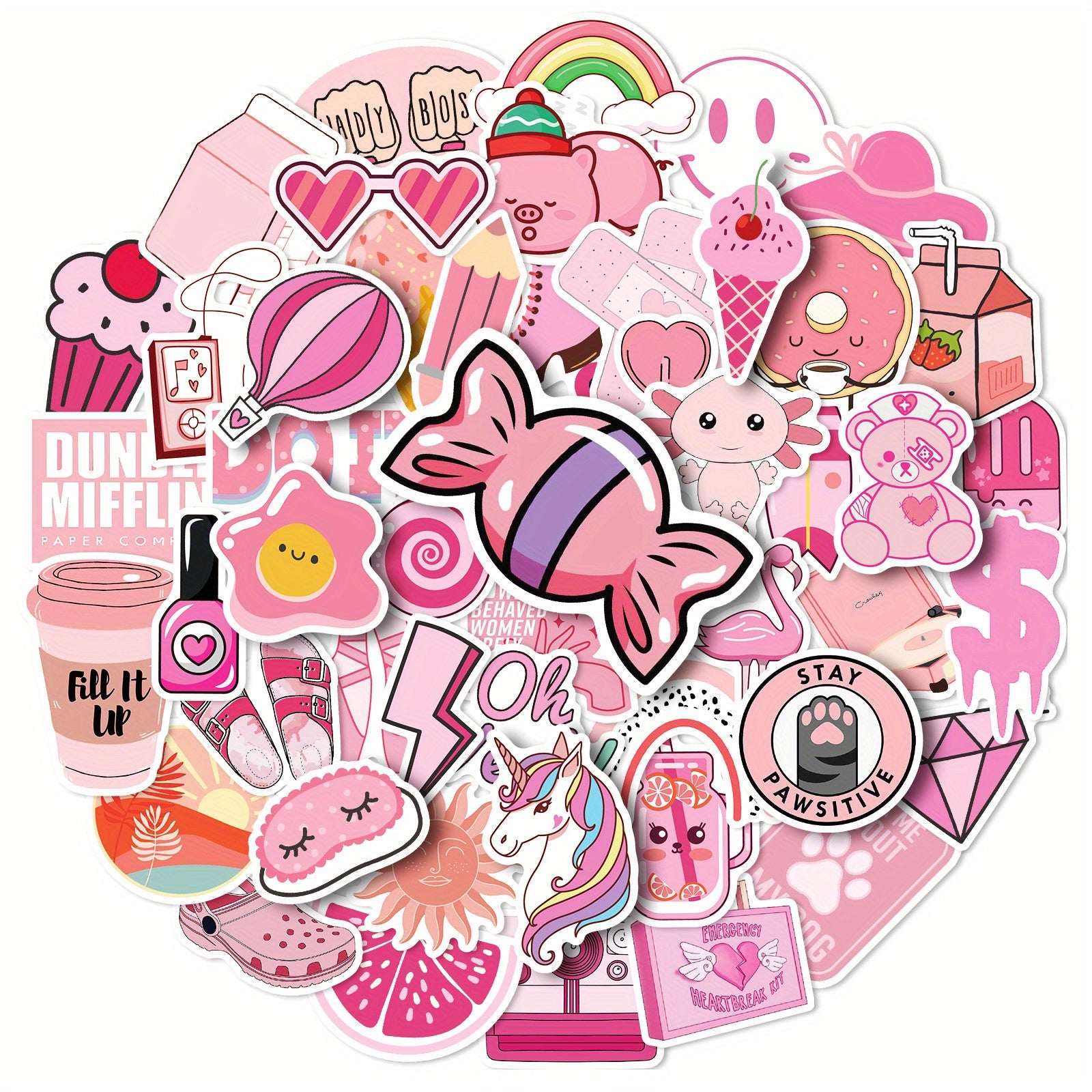 50 Pink Decal Stickers for Laptop and Water Bottle - Cute Vinyl Stickers