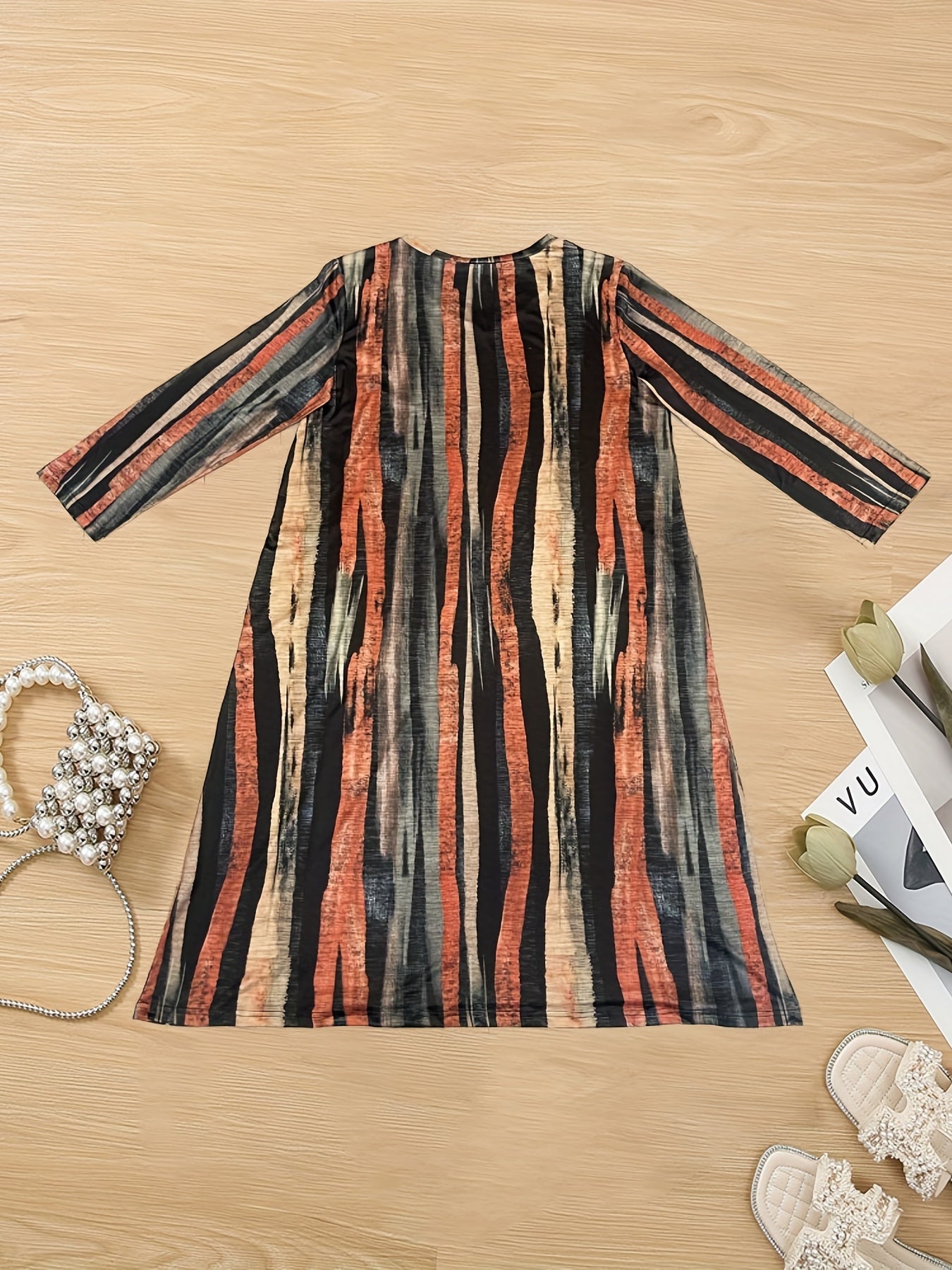  Brush Print Long Sleeve Maxi Dress With Pockets