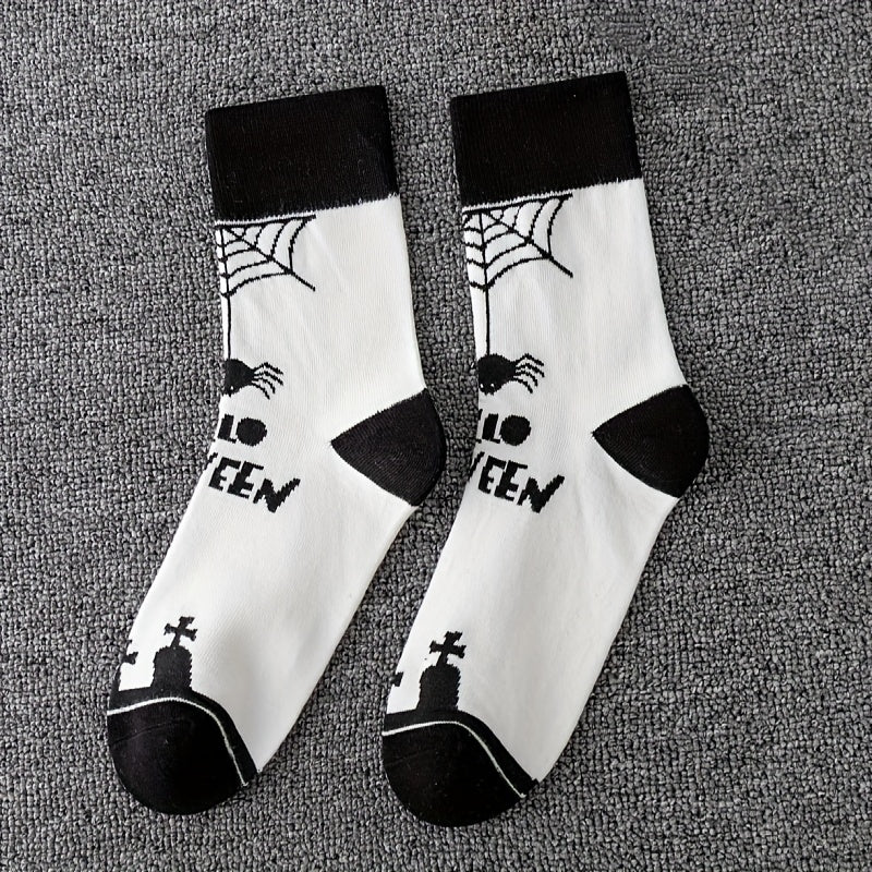 5 Pairs Halloween Crew Socks Skull & Pumpkin Print Stockings Women's Hosiery