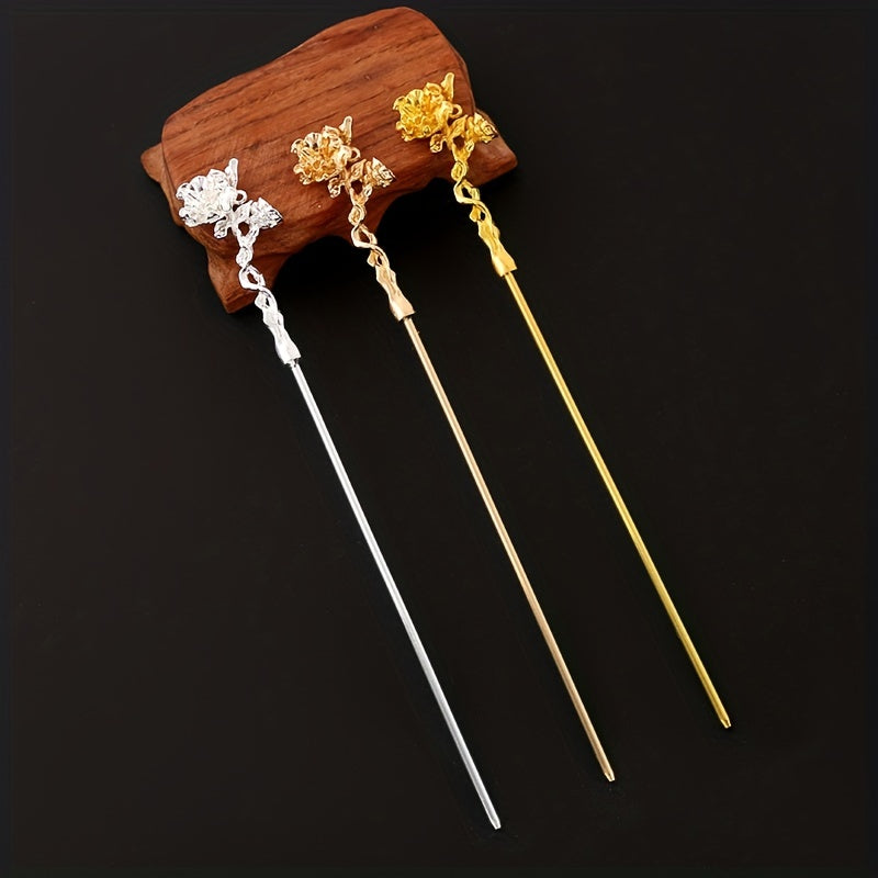 Camellia Flower Hair Pin Retro Hair Stick Metal Hair Bun Maker