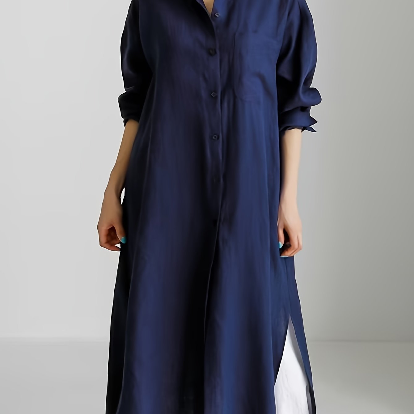  Solid Button Up Long Sleeve Maxi Shirt Dress