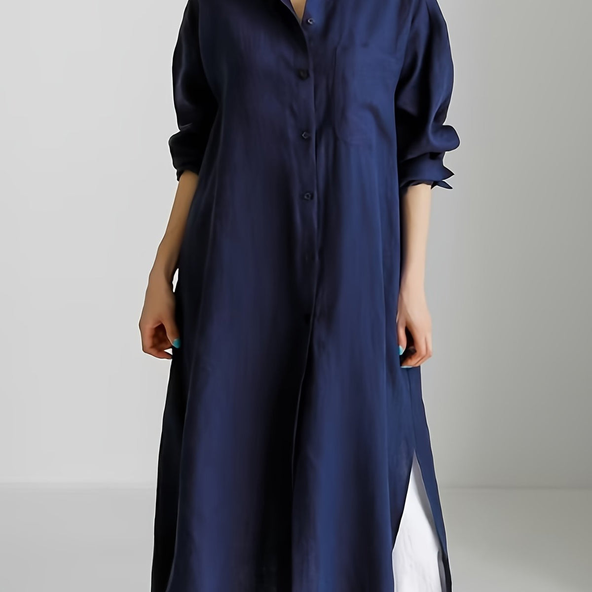  Solid Button Up Long Sleeve Maxi Shirt Dress