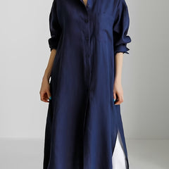  Solid Button Up Long Sleeve Maxi Shirt Dress