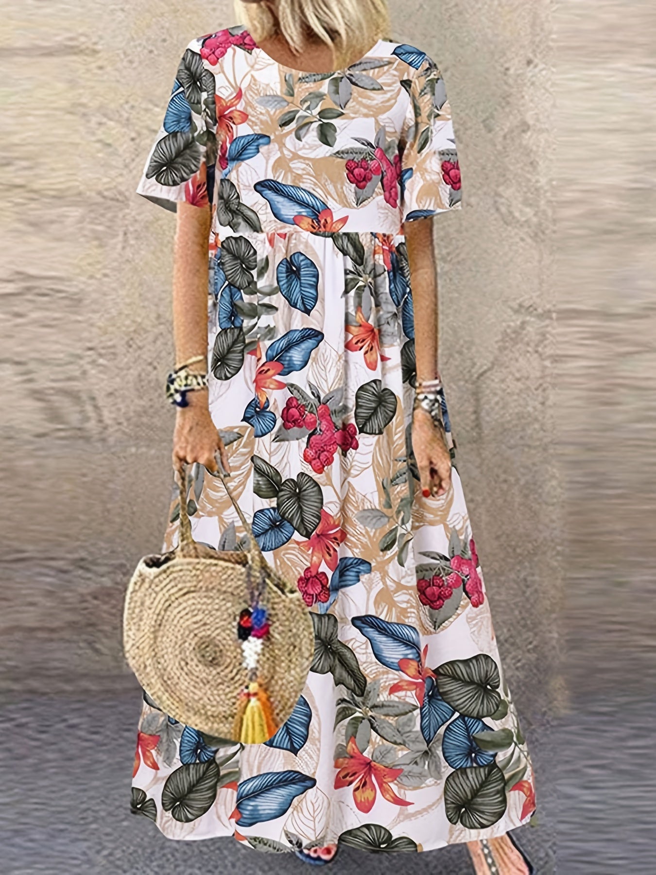  Floral Print Short Sleeve Maxi Dress