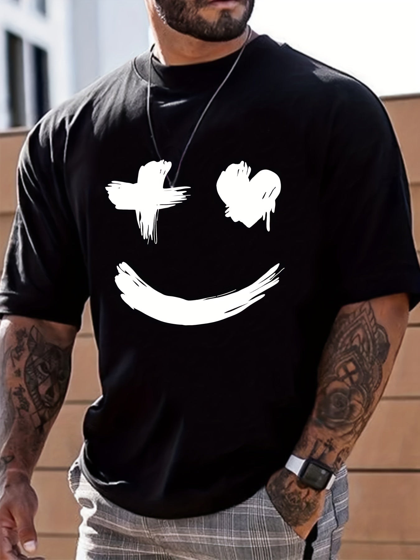Men's Casual Smile Graphic Print Crew Neck Short Sleeve T-shirt