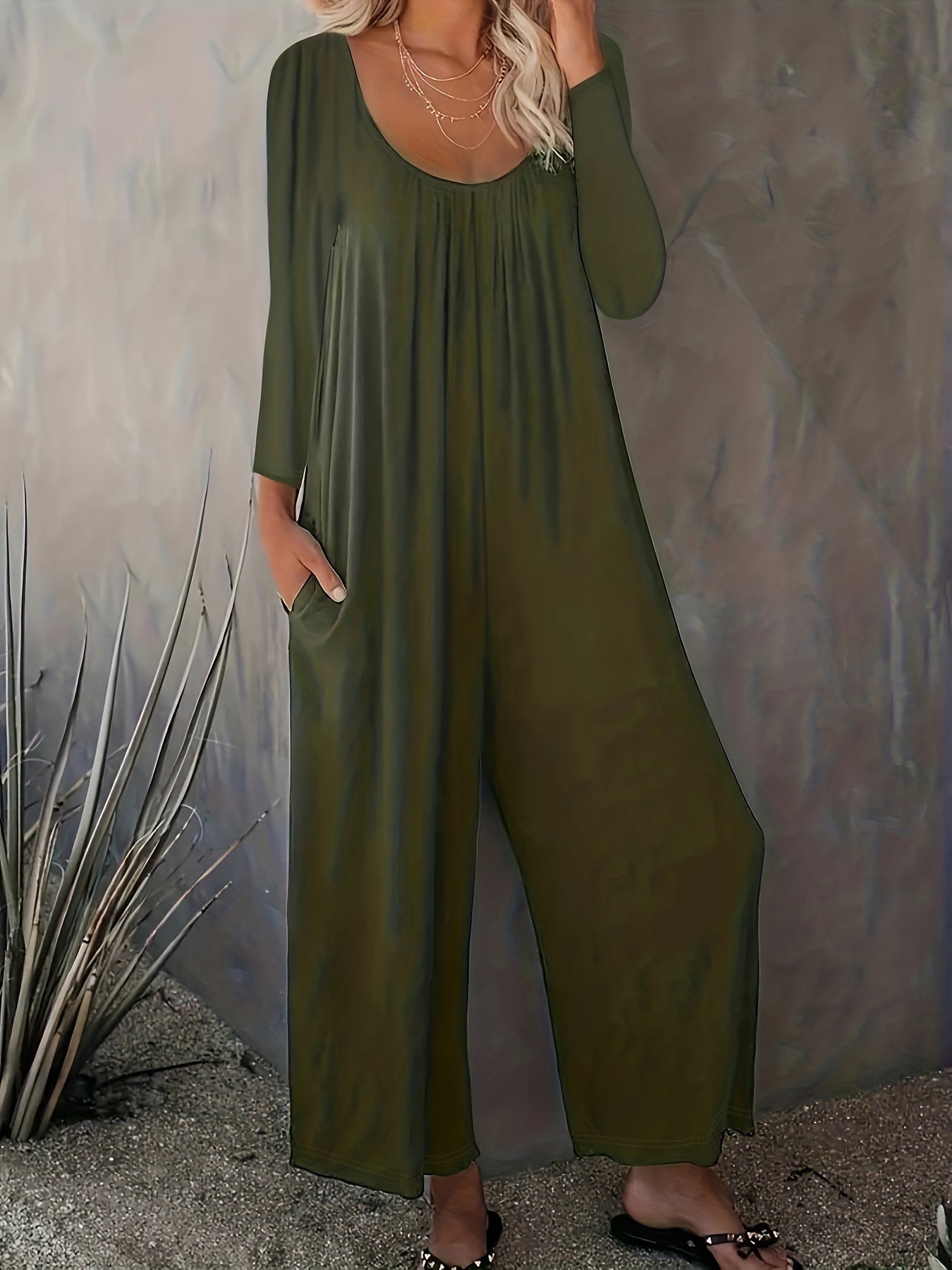  Solid Long Sleeve Round Neck Wide Leg Jumpsuit