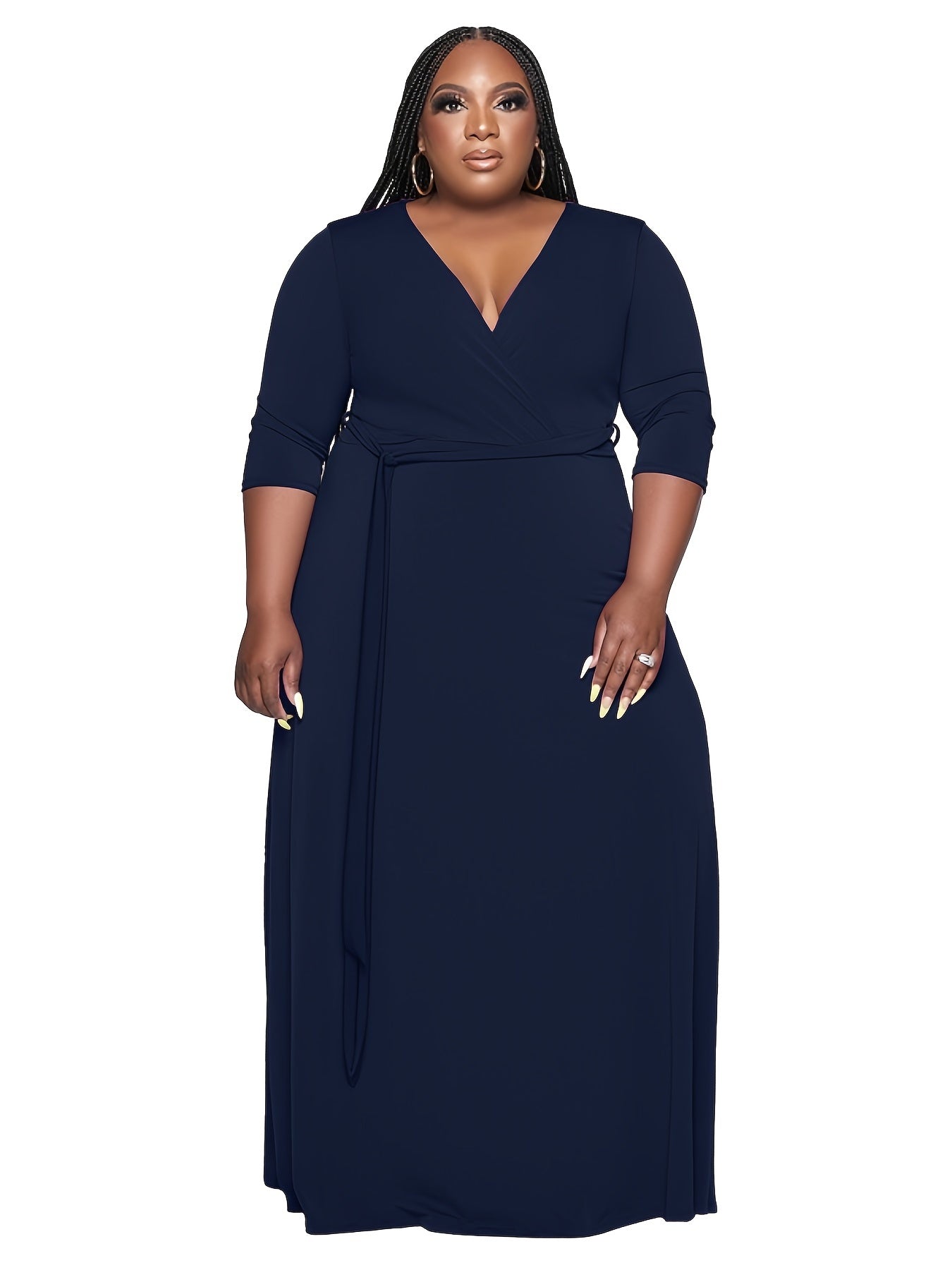  V Neck 3/4 Sleeve Maxi Dress With Belt Women's Plus Casual Long Dress